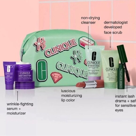 LOW START! Clinique 7pc Set in graphic green cosmetic bag: skincare mascara lips